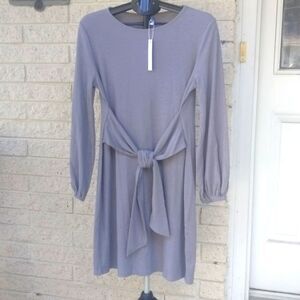 New Women's Gray Casual Dress Long Sleeve Tie Wrap Waist NWT